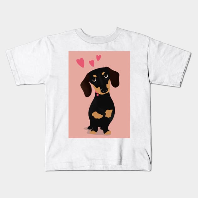 Cute Cartoon Dachshund with Three Pink Hearts Kids T-Shirt by NattyDesigns